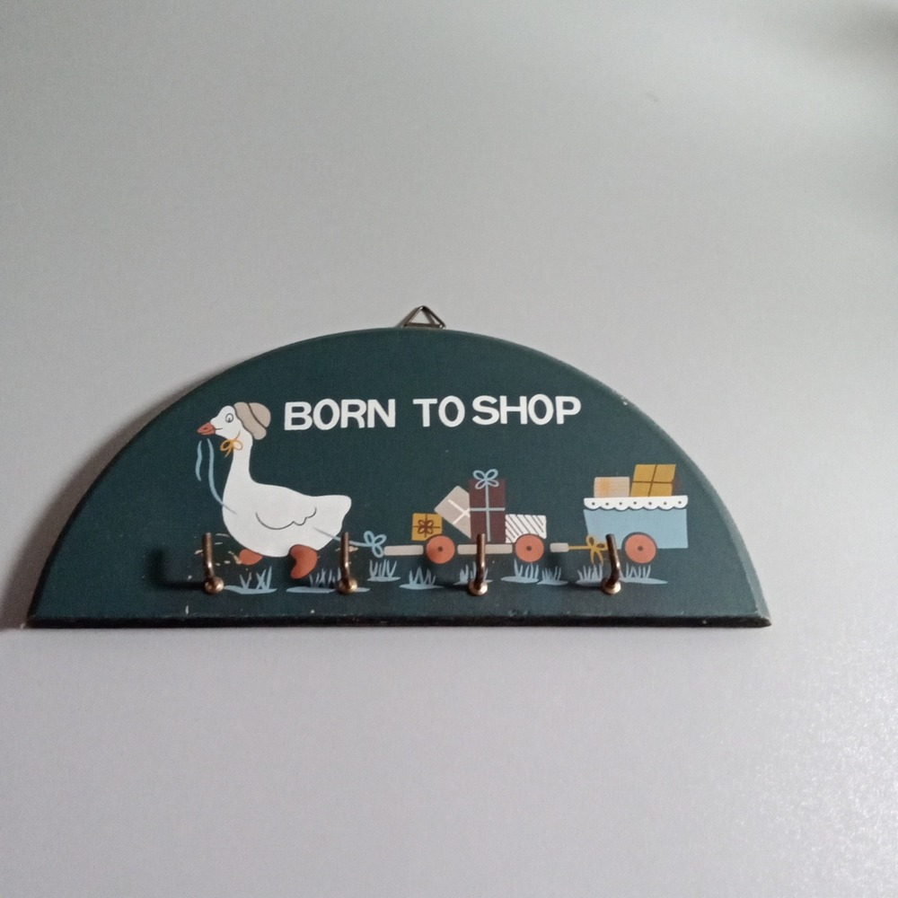 Vintage Born To Shop Goose Wooden Key Rack 4 Hook Wall Hanging Decor Teal
